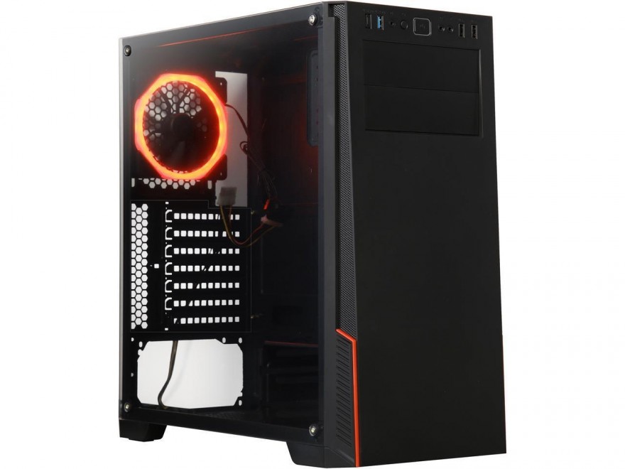 DIYPC M28-TG Black USB3.0 Steel/ Tempered Glass ATX Mid Tower Gaming Computer Case w/Tempered Glass Side Panel, 1 x Red LED Ring Fan x Rear (Pre-Installed)