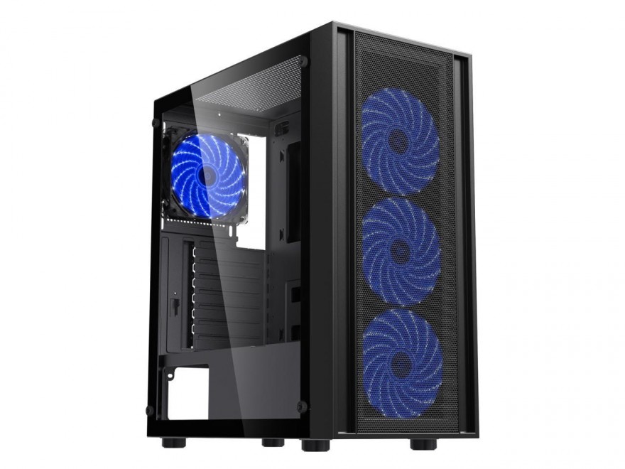 DIYPC DIY-S03-BK Black USB3.0 Steel/ Tempered Glass ATX Mid Tower Gaming Computer Case w/Tempered Glass Panel and 4 x 120mm Blue LED Fans (Pre-Installed)