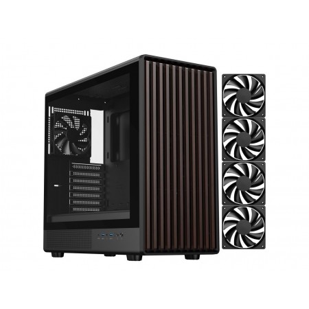 DIYPC DIY-ATX08-Wood Black USB3.0 / Type C ATX Mid Tower Gaming Computer Case w/ Tempered Glass Side Panel and Walnut Wood Front Panel