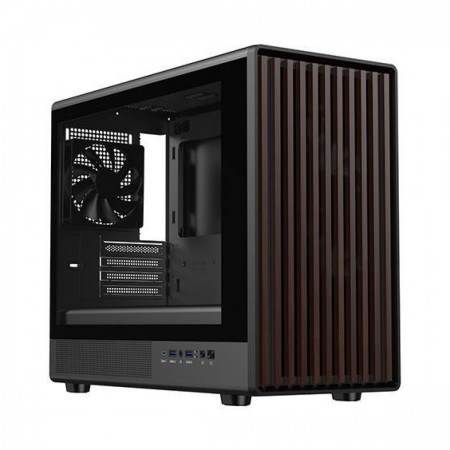 DIYPC DIY-mATX06-Wood Black USB3.0 / Type C Micro ATX Tower Gaming Computer Case w/ Tempered Glass Side Panel and Walnut Wood Front Panel
