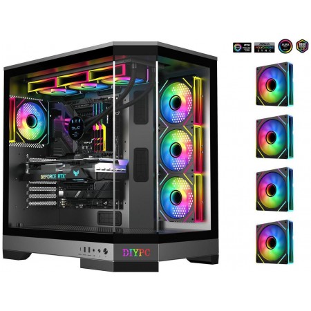 DIYPC Vanguard F1 BK Black Dual USB3.0 / Type C Tempered Glass ATX Full Tower Gaming Case w/ 4 x ARGB PWM Fans Pre-Installed