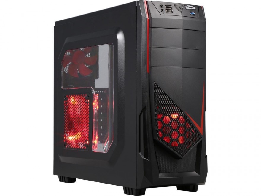 DIYPC Ranger-R4-R Black/Red USB 3.0 ATX Mid Tower Gaming Computer Case with 3 x Red Fans (1 x 120mm LED Fan x side, 1 x120mm LED Fan x front, 1 x 120mm fan x rear)