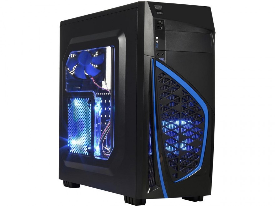 DIYPC Zondda-B Black USB 3.0 ATX Mid Tower Gaming Computer Case with 3 x Blue Fans (1 x 120mm LED Fan x Side, 1 x 120mm LED Fan x Front, 1 x 120mm Fan x Rear)