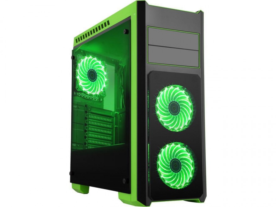 DIYPC DIY-TG8-BG Black/Green Dual USB3.0 Steel/ Tempered Glass ATX Mid Tower Gaming Computer Case w/Tempered Glass Panels (Front, Top and Both Sides) and Pre-Installed 3 x Green 33LED Light Fan