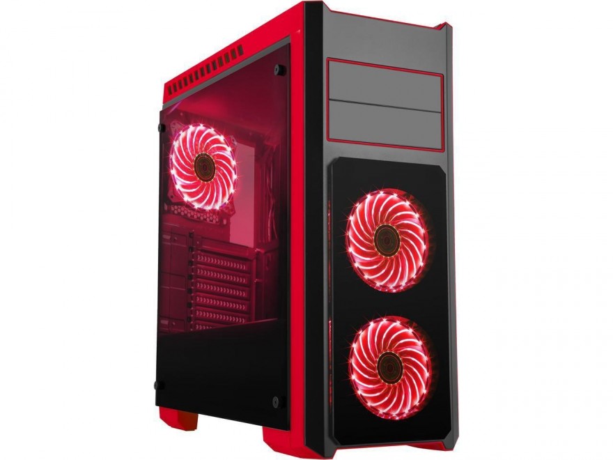 DIYPC DIY-TG8-BR Black/Red Dual USB3.0 Steel/ Tempered Glass ATX Mid Tower Gaming Computer Case w/Tempered Glass Panels (Front, Top and Both Sides) and Pre-Installed 3 x Red 33LED Light Fan