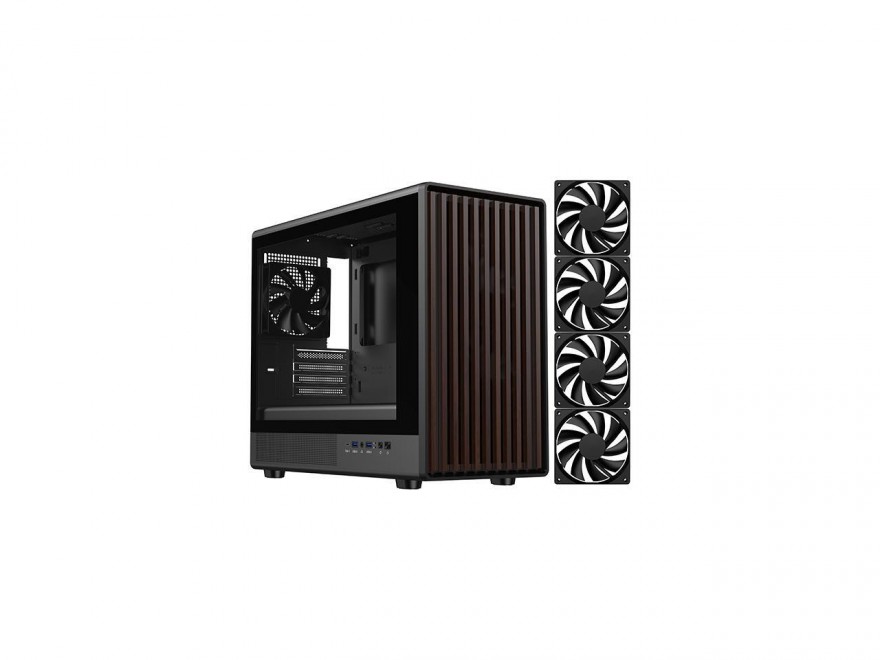 DIYPC DIY-mATX06-Wood Black USB3.0 / Type C Micro ATX Tower Gaming Computer Case w/ Tempered Glass Side Panel and Walnut Wood Front Panel