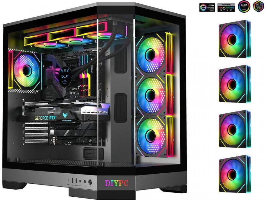 DIYPC Vanguard F1 BK Black Dual USB3.0 / Type C Tempered Glass ATX Full Tower Gaming Case w/ 4 x ARGB PWM Fans Pre-Installed