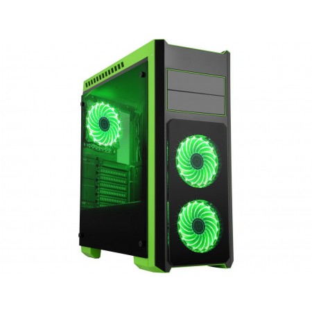 DIYPC DIY-TG8-BG Black/Green Dual USB3.0 Steel/ Tempered Glass ATX Mid Tower Gaming Computer Case w/Tempered Glass Panels (Front, Top and Both Sides) and Pre-Installed 3 x Green 33LED Light Fan