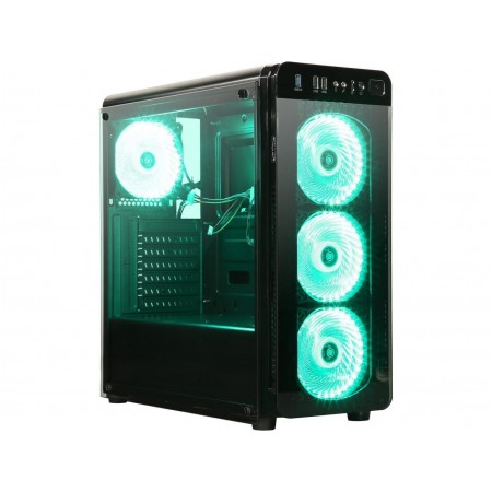 DIYPC VisionII-BG Black USB3.0 Steel / Tempered Glass ATX Mid Tower Gaming Computer Case w/ Tempered Glass Panels (Front and Left Side), 4 x Green 33LED Light Fan (Pre-Installed)
